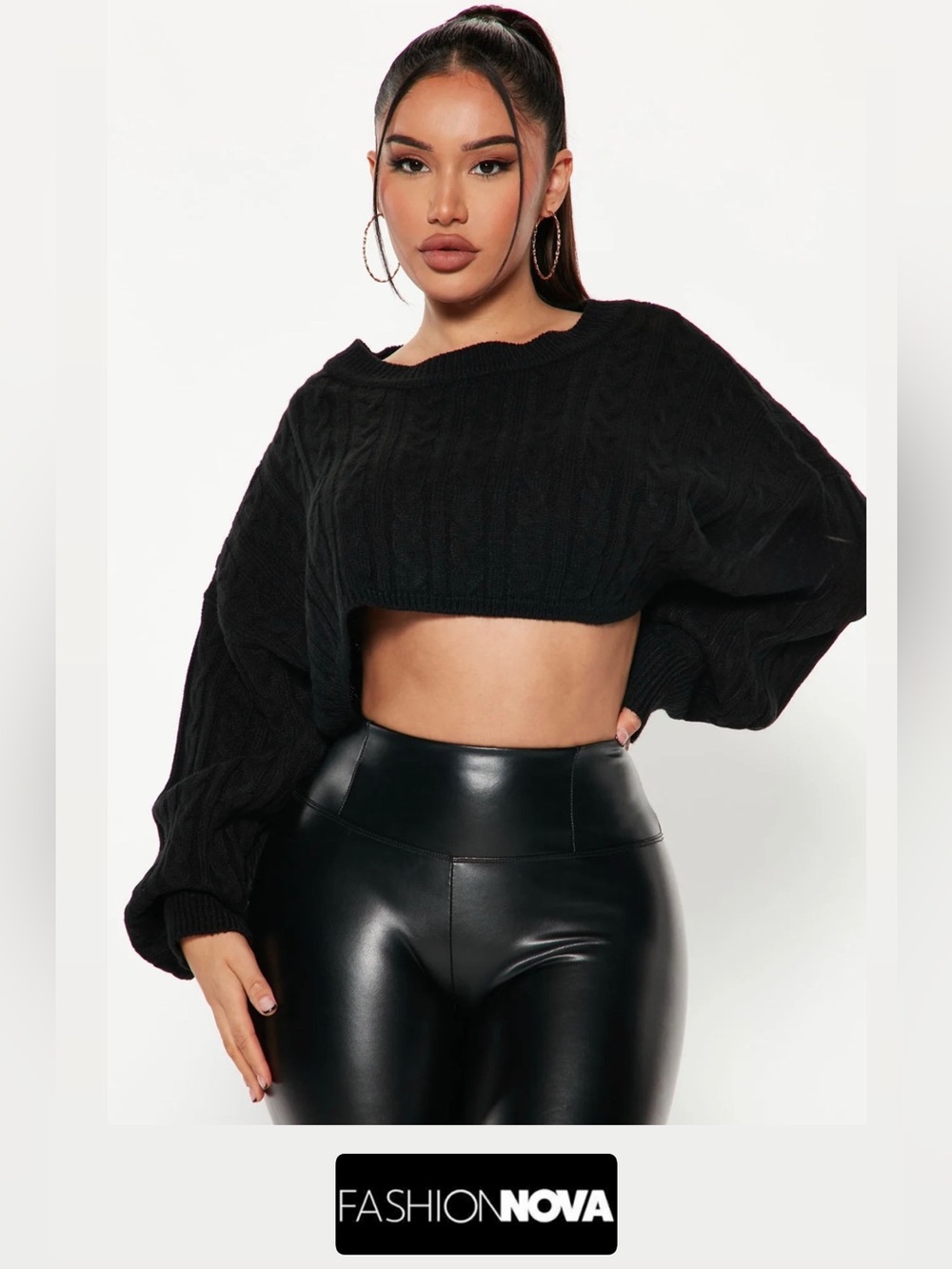 FashionNova Meet Me Half Way Black Cable Knit Crop Sweater, Size L